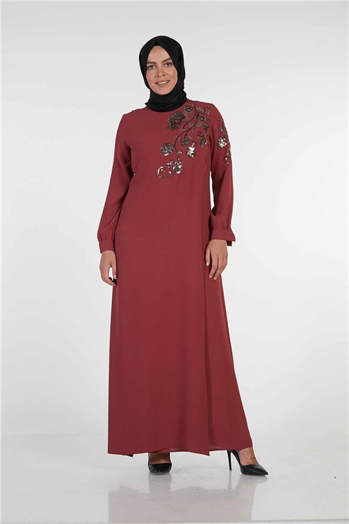 Sitare Çiçekli Payet Nakışlı Elbise 19Y2523- Gül Kurusu