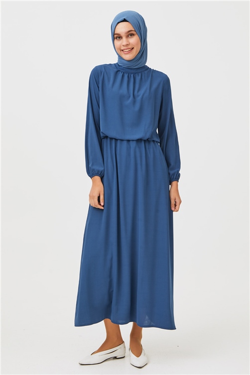 Sitare Kolları Lastikli Klasik Rahat Elbise 22974- İndigo