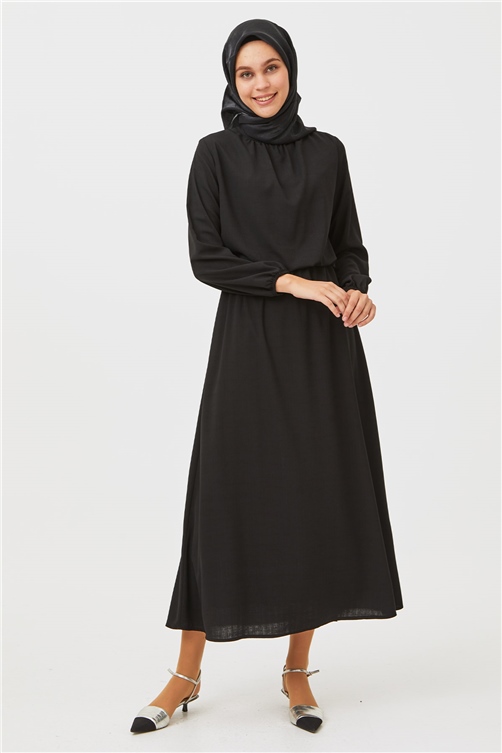 Sitare Kolları Lastikli Klasik Rahat Elbise 22974- Siyah