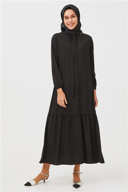 Sitare Geniş Fırfırlı Astarlı Klasik Elbise 22977- Siyah