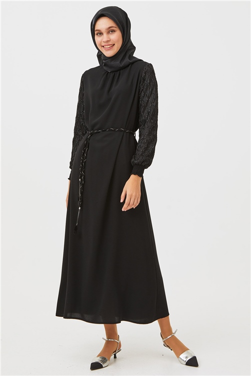 Sitare Krep Kumaş  Kolları Dantelli Elbise 22138- Siyah