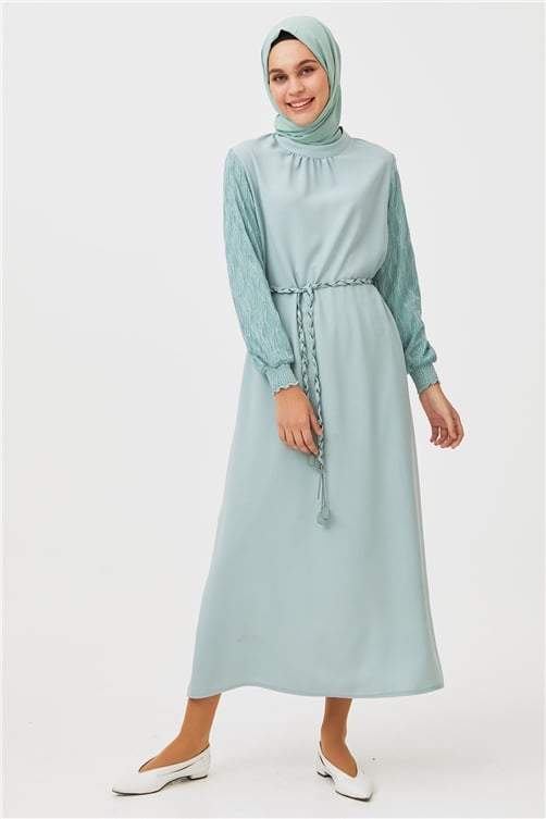 Sitare Krep Kumaş  Kolları Dantelli Elbise 22138- Mint