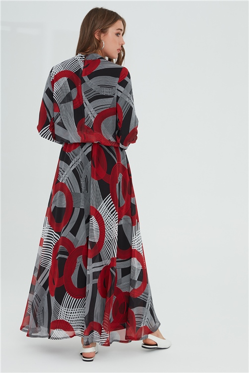 Sitare Şifon Desenli Elbise 21Y1124- Kırmızı