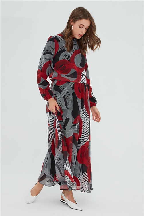 Sitare Şifon Desenli Elbise 21Y1124- Kırmızı